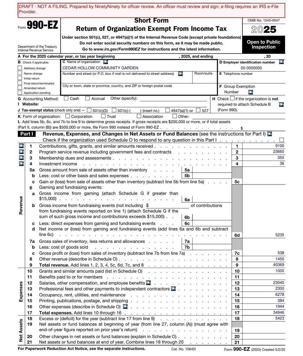 Page one of the drafted Form 990-EZ, filled from a bank export and stamped DRAFT, NOT A FILING